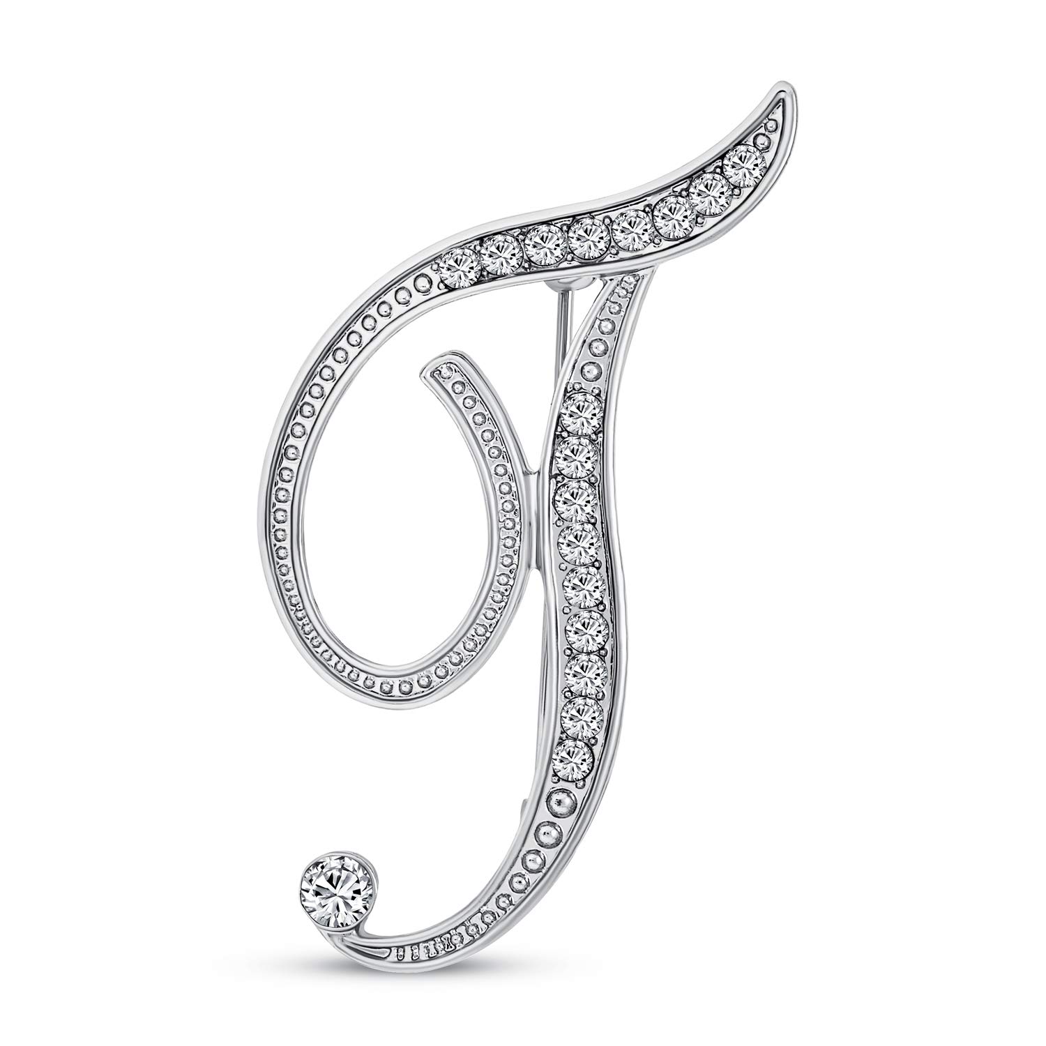 Large Statement ABC Pave Crystal Cursive Script Monogram Letters Alphabet Initial T Scarf Lapel Pin Brooch For Women Silver Plated