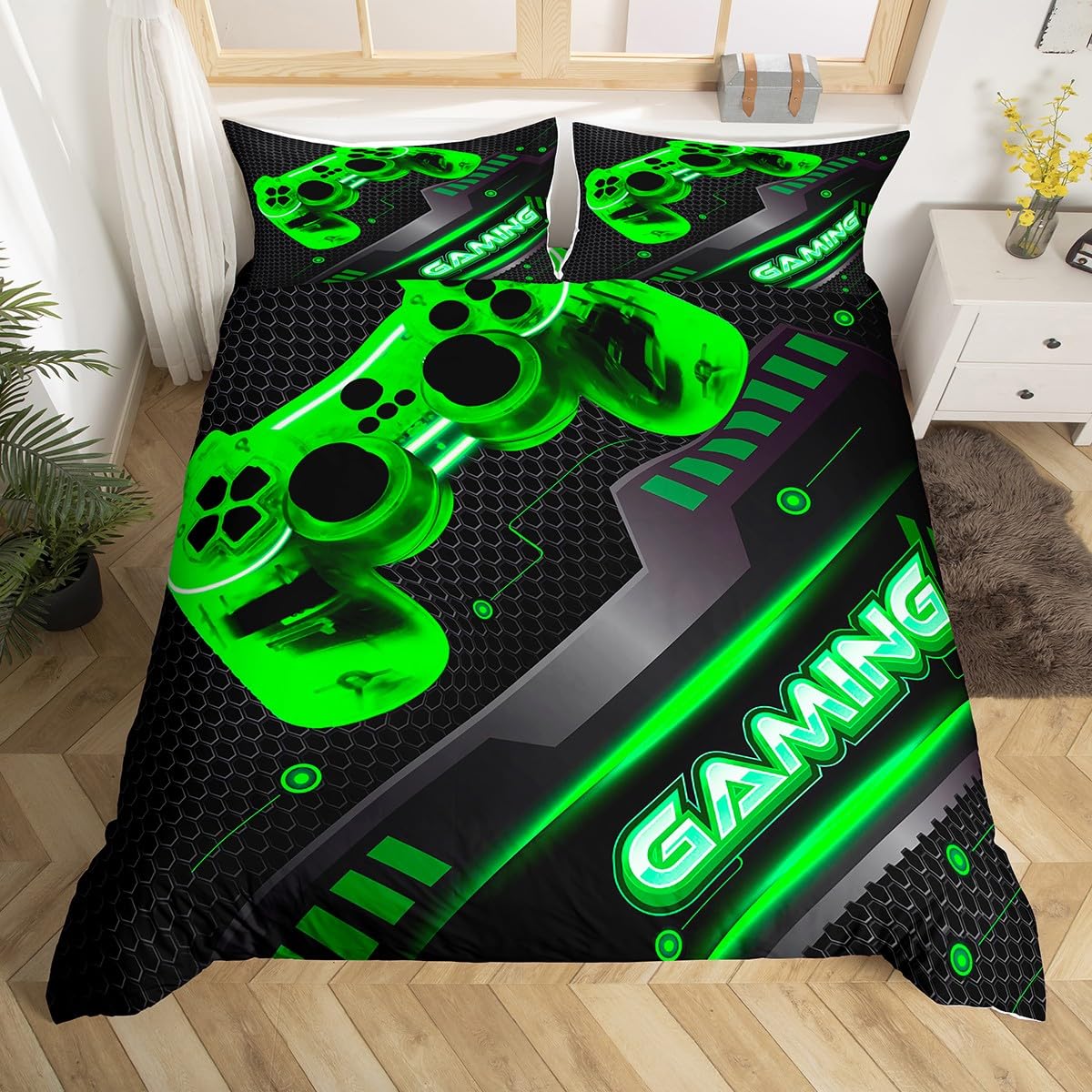 Gaming Bedding Set Super King Gamer Duvet Cover for Boys Girls 3 Pieces Kids Teens Video Game Gamepad Geometric Microfiber (Green,Double) Comforter Cover with 2 Pillowcase