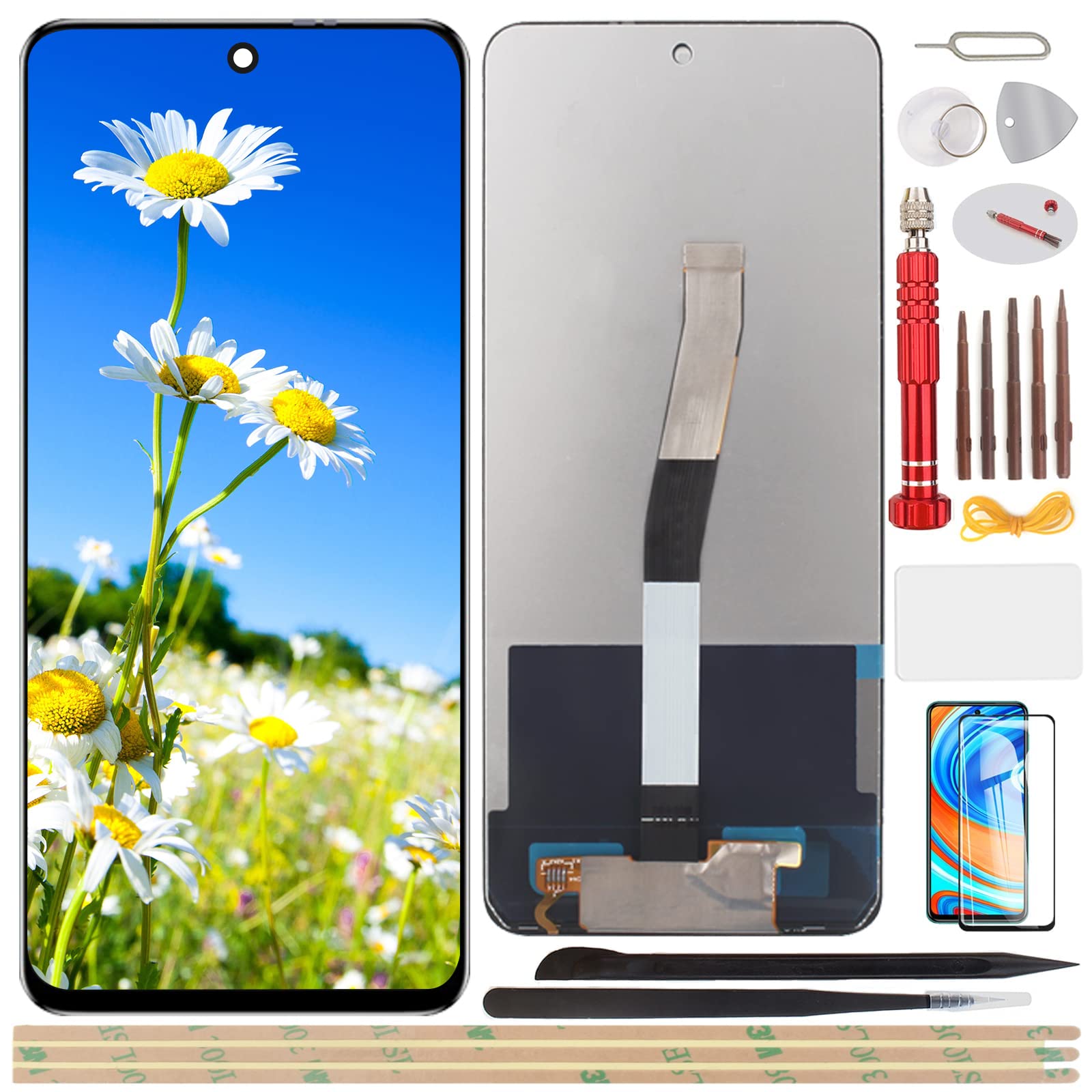 YHX-OU 6.67 Inch for Xiaomi Redmi Note 9s Redmi Note 9 Pro LCD Touch Screen Digitizer Replacement with Installation Tool + 1 Piece Tempered Glass + 1 Lens Film (Black)