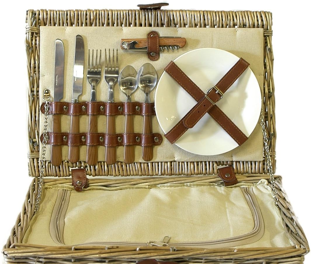 2 Person Wicker Picnic Basket with Built in Chiller Compartment & Stainless Steel Cutlery - Ideas for Valentines, Mothers Day, Birthday, Wedding, Anniversary, Business and Corporate, Christmas