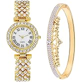 CdyBox Women Watches Diamond Luxury Quartz Watch Ladies Wristwatches with Crown Bangle Set Gifts