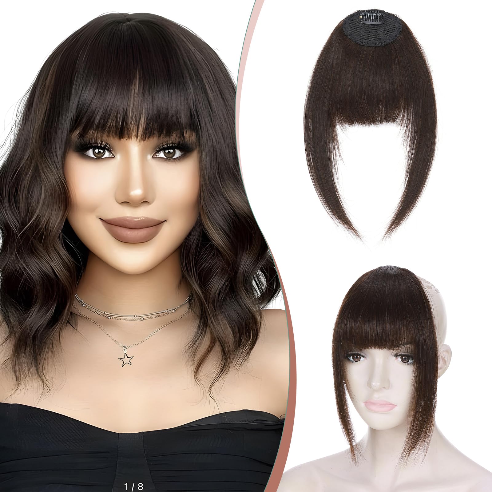 Elailite Clip in Fringe French Bangs with Temples Natural Thick Human Hair Extension Real Hair For Women - #02 Dark Brown — image 1