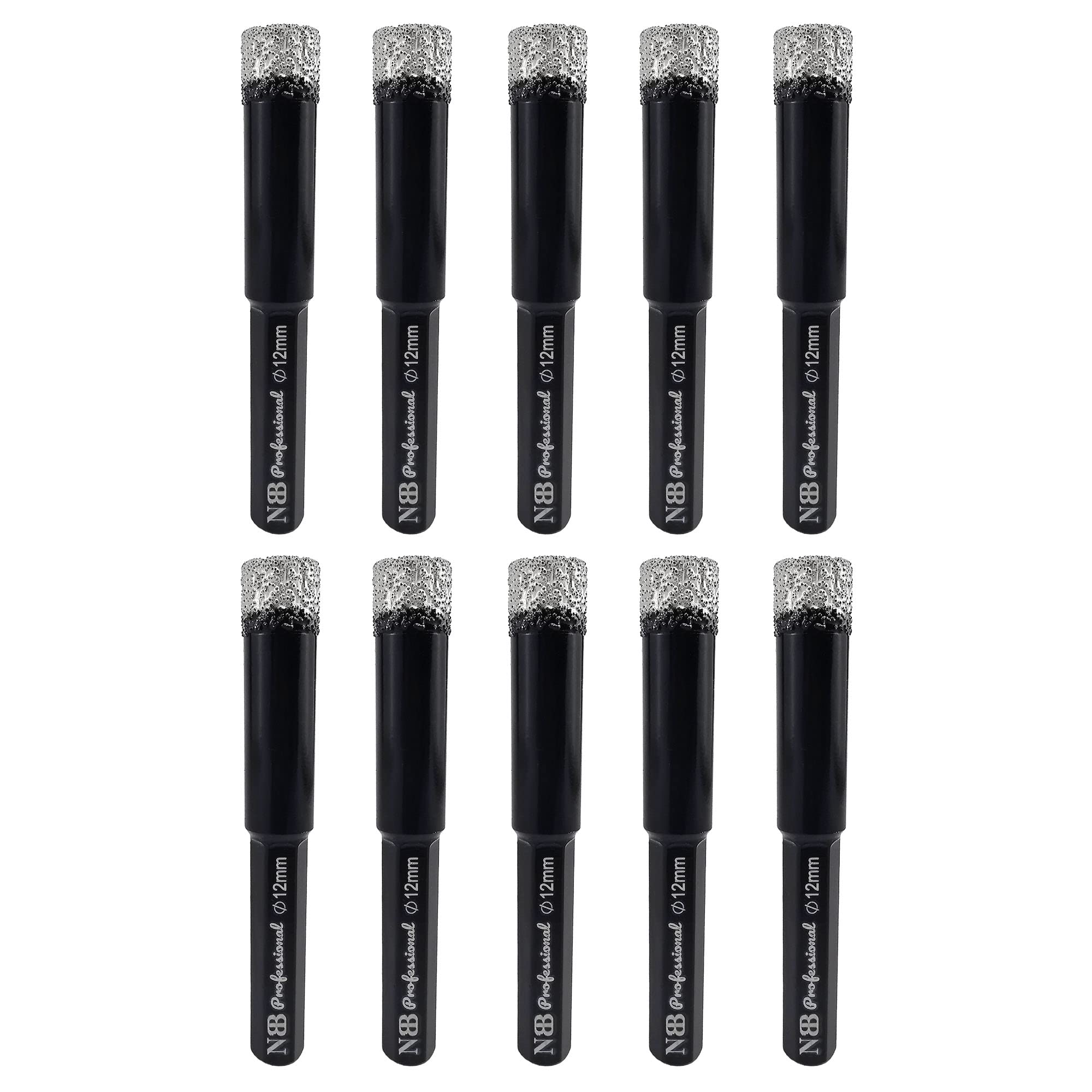 NBB Brazed Diamond Drill Bits with hex shank, for Dry drilling on hard Porcelain, Ceramic, Tile, Granite, Marble, extra longer life in wet drilling, used on cord or cordless pistol drill(12mm x10pcs)