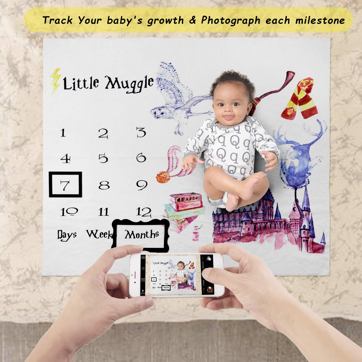 Baby Monthly Milestone Blanket for Girl and Boy, Newborn Photo Prop Blanket, Premium Flannel Fleece, Marker and Frame Included Baby Shower Gift