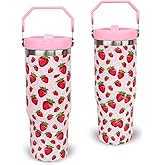 XUEHUAPIAOPIAO 30 oz Tumbler with Handle Flip Straw Leak Proof - Strawberry Cup 30oz Tumbler Travel Coffee Mug with Handle - Birthday Gifts for Women Strawberry Lovers 30 Ounce Stainless Steel Cup