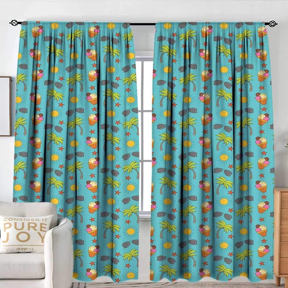 NUOMANAN Customized Curtains Palm Tree,Vivid Cartoon Summer Vacation Pattern Palm Tree Warm Sun Sunglasses Ice Cream,Multicolor,Wide Blackout Curtains, Keep Warm Draperies, Set of 2 84"x100"