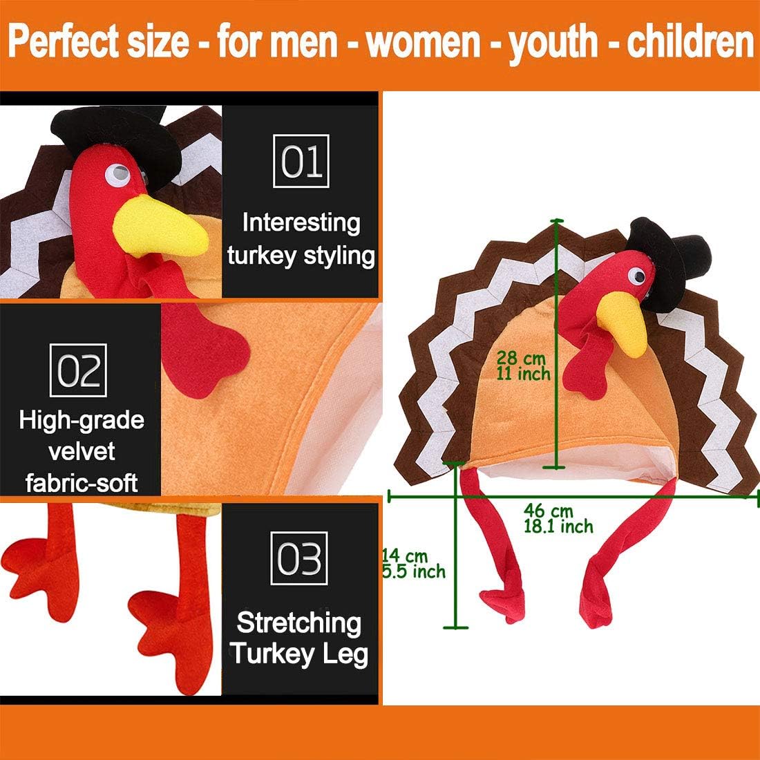 2 Pack Thanksgiving Party Turkey Hat Costume Unisex Hat with Tail Gifts Party Decor Costumes Novelty Turkey Hat Orange: Clothing