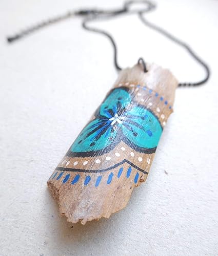 Collier Bambou Ethnique Fleur Bleue Bois Flotté Peint à La
