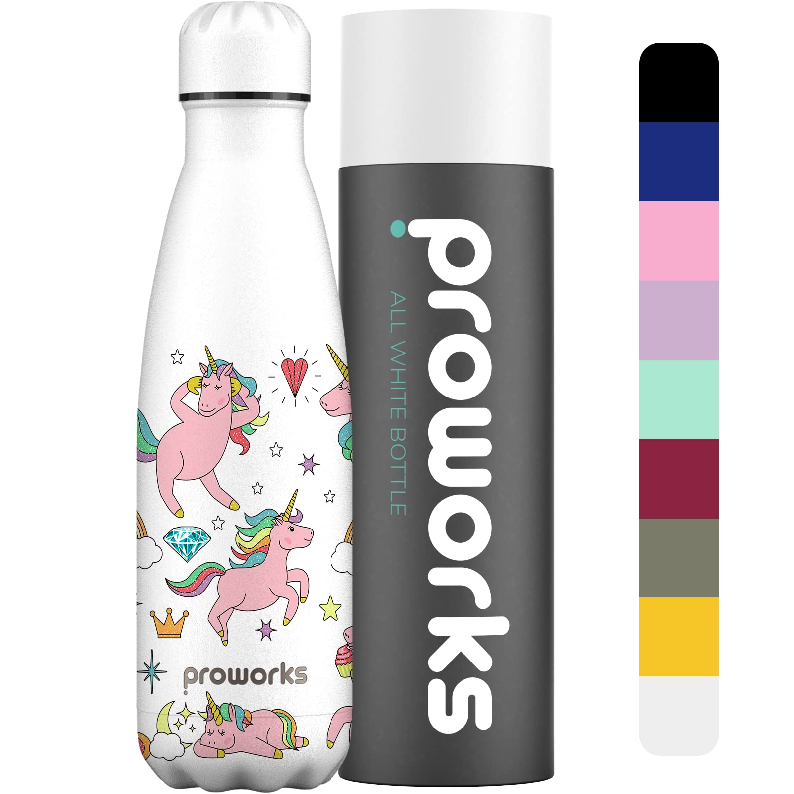 Unicorn Water Bottle 500ml – Proworks Stainless Steel Insulated Water Bottle | Leakproof Screw Lid | Double Wall Vacuum Flask Keeps Drinks Hot 12 Hours Cold 24 Hours | BPA Free | White Unicorn