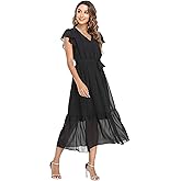 VintageClothing Womens Sundress Casual Floral Summer Boho Dress Flowy Wrap V Neck Ruffle A-Line Pleated Hem Midi Dresses