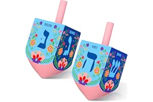Wonderjune 2 Pcs Hanukkah Dreidels Extra Large Wooden Dreidel for Hanukkah Decoration with English Transliteration, Forever Spinning Tops Party Favors(Floral)