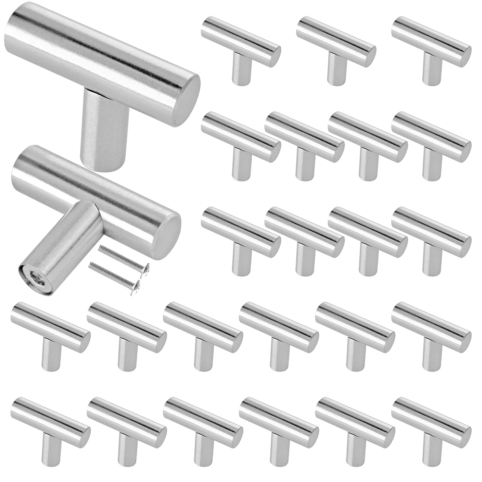 Cjueiom 25 Pack Brushed Nickel T Bar Knobs - 50mm Stainless Steel Drawer Handles in Silver, Pull Handles for Kitchen Cabinet, Wardrobe, Bedroom, Closet