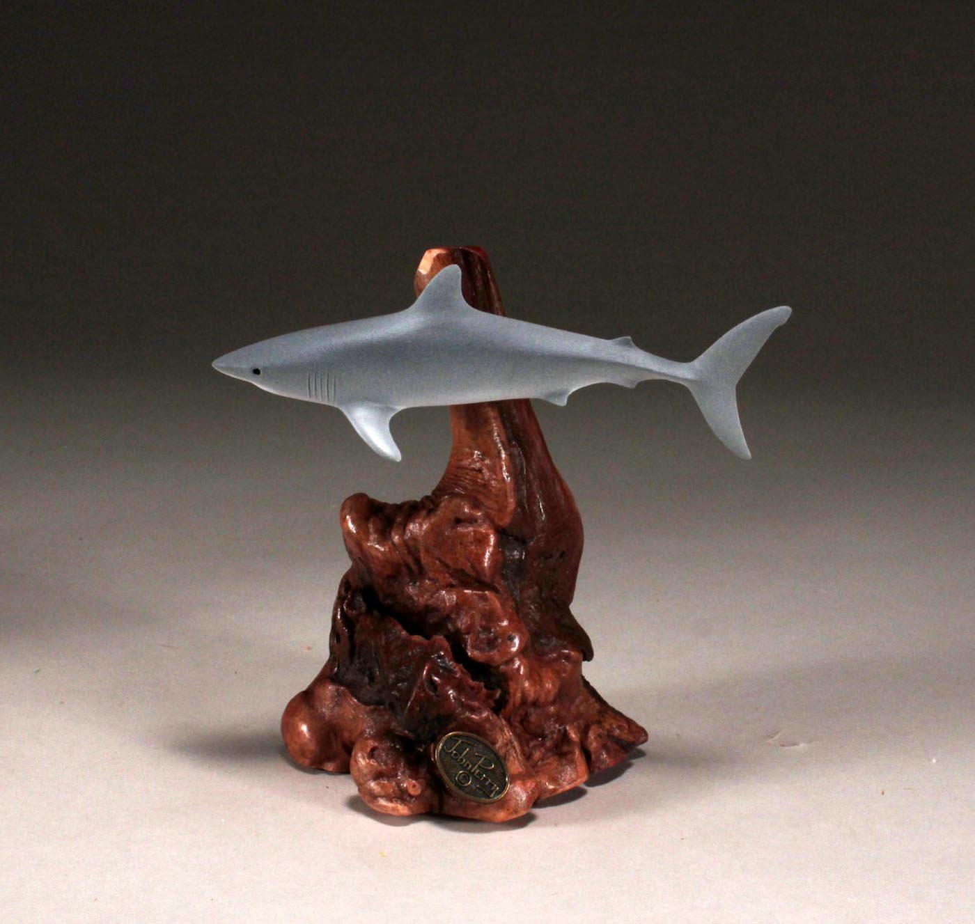 MAKO SHARK Sculpture by JOHN PERRY 7in tall Statue on Burlwood Airbrushed Handmade