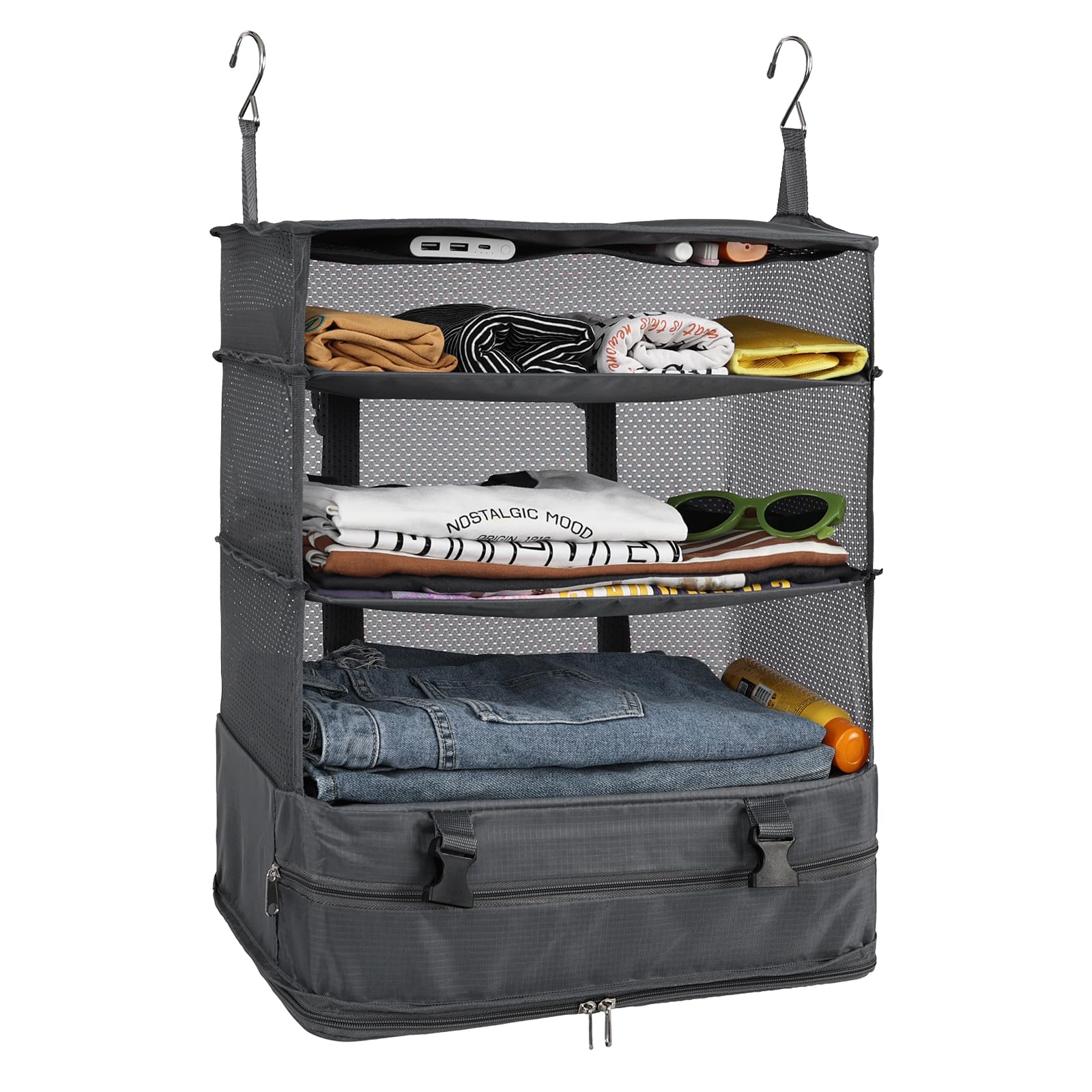 Surblue Hanging 3-Shelf Closet Organizer Pocket Collapsible Washable Oxford Fabric with 2 Hooks Grey XL