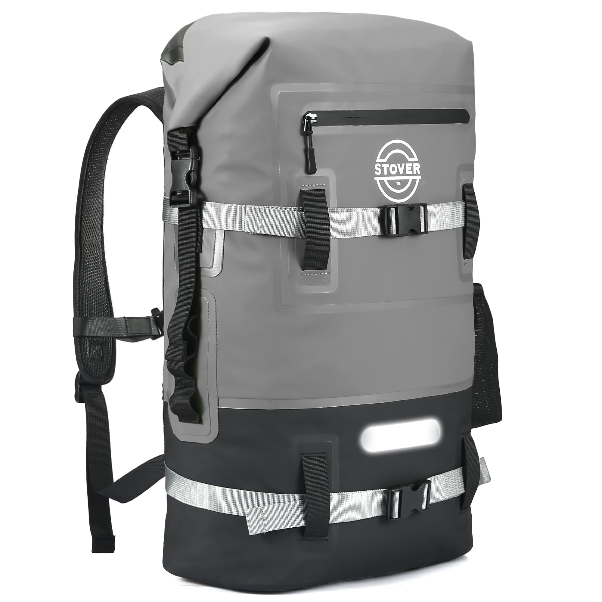 STOVER RapidsOne Waterproof Backpack Heavy Duty Roll-Top Closure Floating Dry Bag with Front Pocket Cushioned Padded Back Panel and Reflective Strip (Grey)