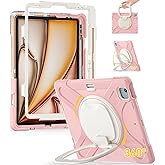 BRAECN for iPad Air 13 Kids Case M3 2025/ M2 2024 & iPad Pro 12.9 Case (6th/5th4th/3rd Gen), Heavy Duty Silicone Cover with 360 Swivel Ring Stand/Kickstand/Shoulder Strap/Pencil Holder, Sakura Pink