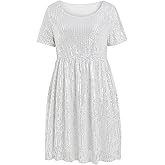 Wenrine Women's Sequin Plus Size Mini Dress Short Sleeve Scoop Neck Pleated A Line Cocktail Party Dresses