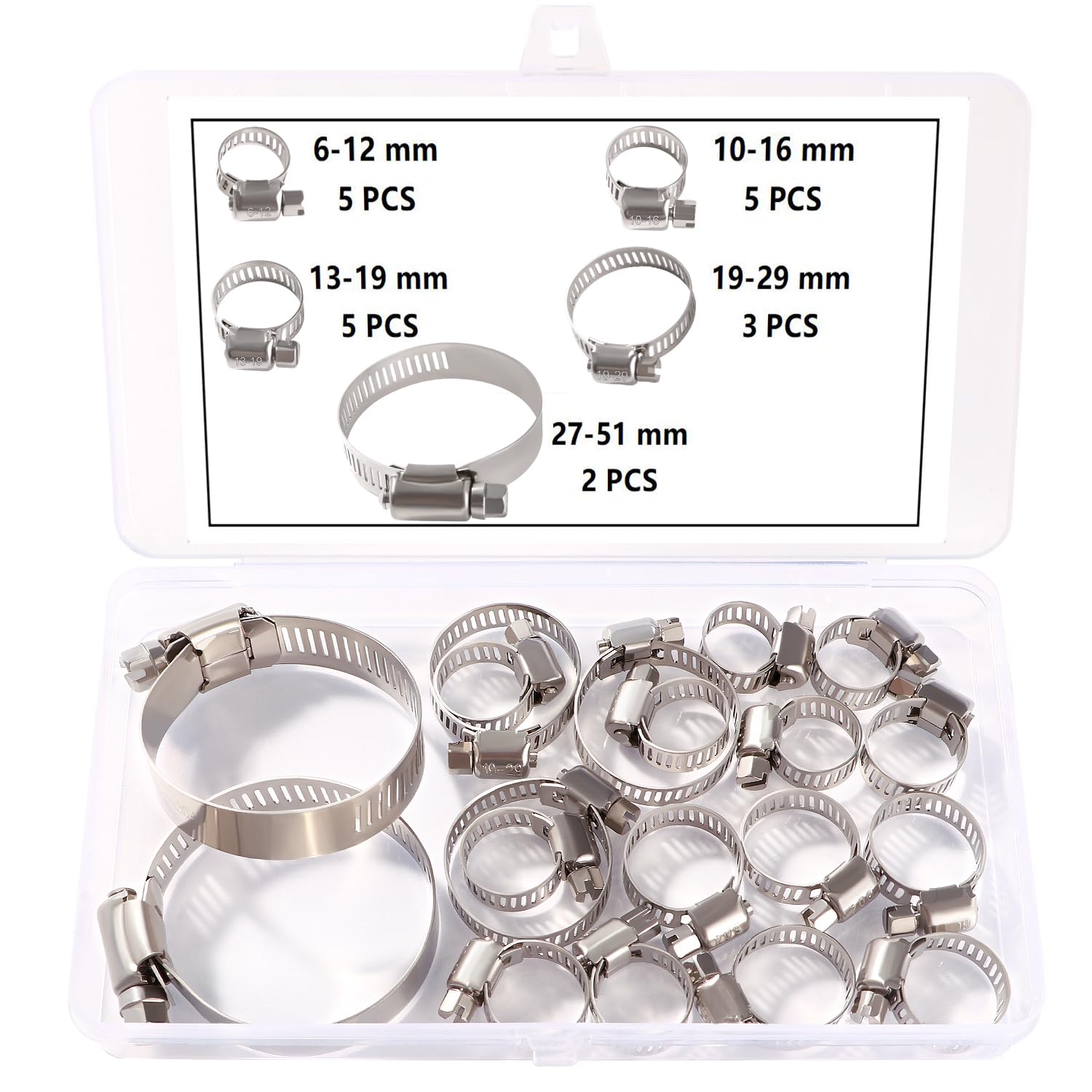 YIXISI 20 PCS 6-51 mm Hose Clips Set, 304 Stainless Steel Hose Clips, Adjustable Hose Clamps, Jubilee Clip, for Hose Pipe Tube, 6-12/10-16/13-19/19-29/27-51 mm — image 1