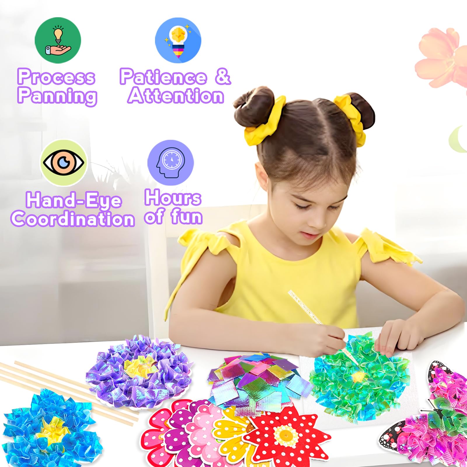Poke Art Bastelset Kinder ab 4 Jahre,DIY-Einschulung Geschenke für Mädchen Spielzeug 5-12Jahre Kindergeburtstag Kunstblumenstrauß Blumen Bastelkoffer Blumenstrauß mit Pailletten Kreativ Set für Kinder 4