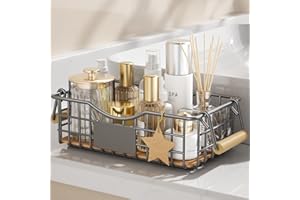Qcold Bathroom Organizer Basket, Bathroom Organizers and Storage - Bathroom Counter Organizer with Handle - Wire Shelf Basket - Bathroom Counter top Tray for Organizing, Farmhouse Decor - Grey
