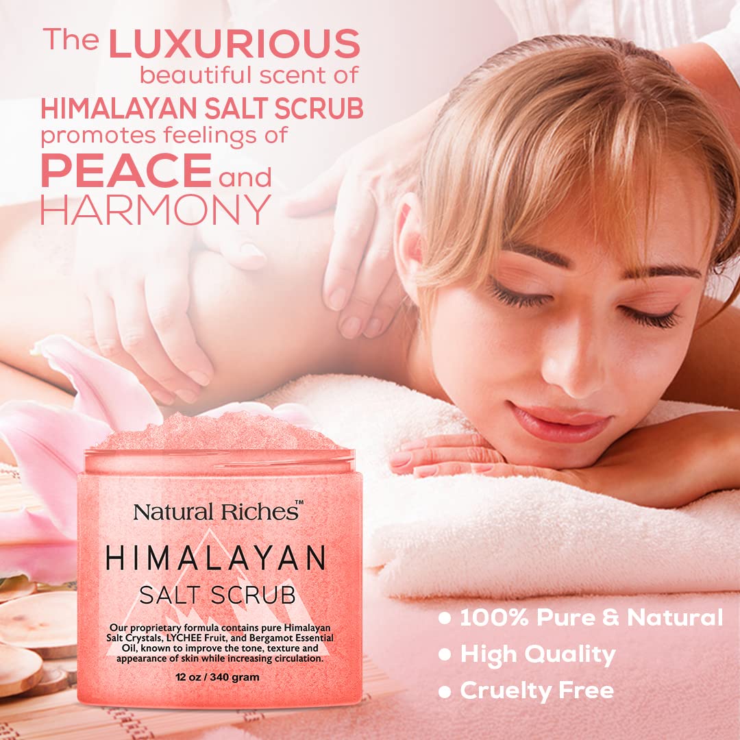 Natural Riches Himalayan Pink Salt Body Scrub, Exfoliating Salt Scrub for Women & Men, Deep Cleansing Body Exfoliant with Lychee & Bergamot Essential Oil – Natural Skin Polish for Smooth, Radiant Glow