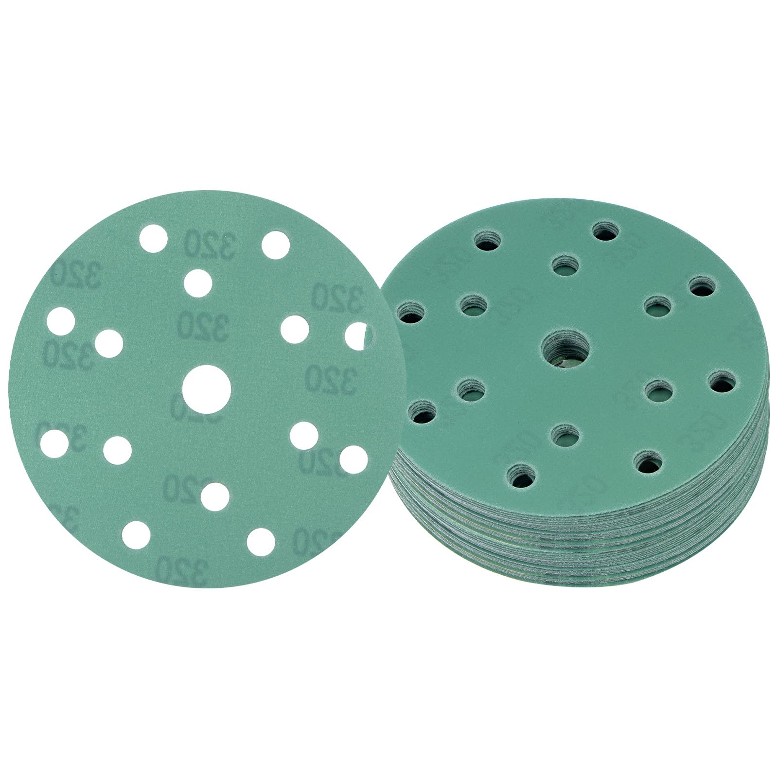 Kozelo 50pcs Green Film Sanding Discs - [6 Inch 320 Grits 15 Hole ] Round Aluminum Oxide Hook & Loop Wet Dry Sander Pads for Wood Metal Polishing Use| Zirconium Corundum Sandpaper