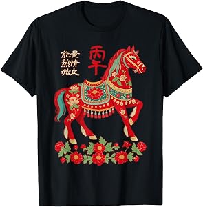 Chinese Zodiac Horse Folk Art Graphic Lunar New Year T-Shirt