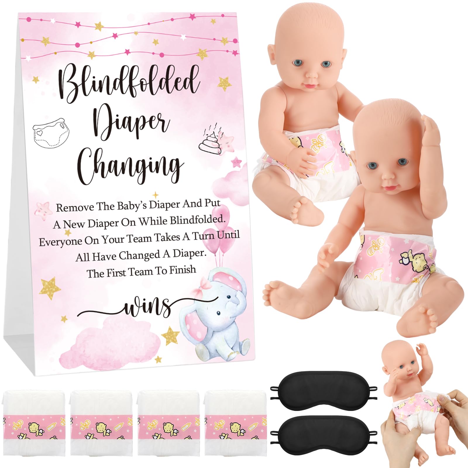 Photo 1 of 2 SETS OF --- Lineshading 9 Pcs Baby Shower Game Supplies for Blindfold Diaper Changing With Dolls, Blindfolds, and Diapers - Changing Race Game Set (Elephant, Pink)