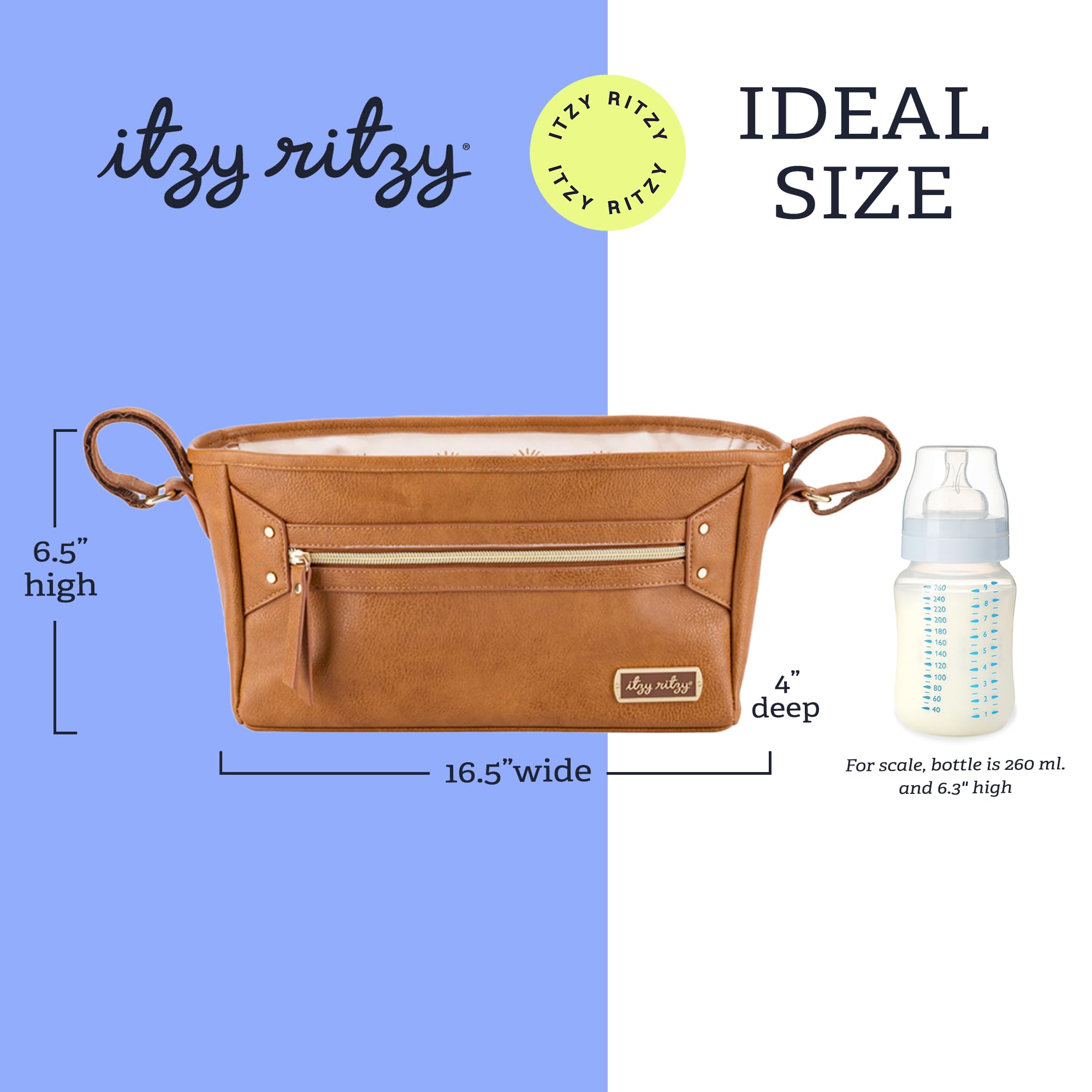 Itzy Ritzy Adjustable Stroller Caddy and Organizer Bag Featuring Front Zippered Pocket, 2 Built-in Interior Pockets & Adjustable Straps to Fit Nearly Any Stroller (Cognac)