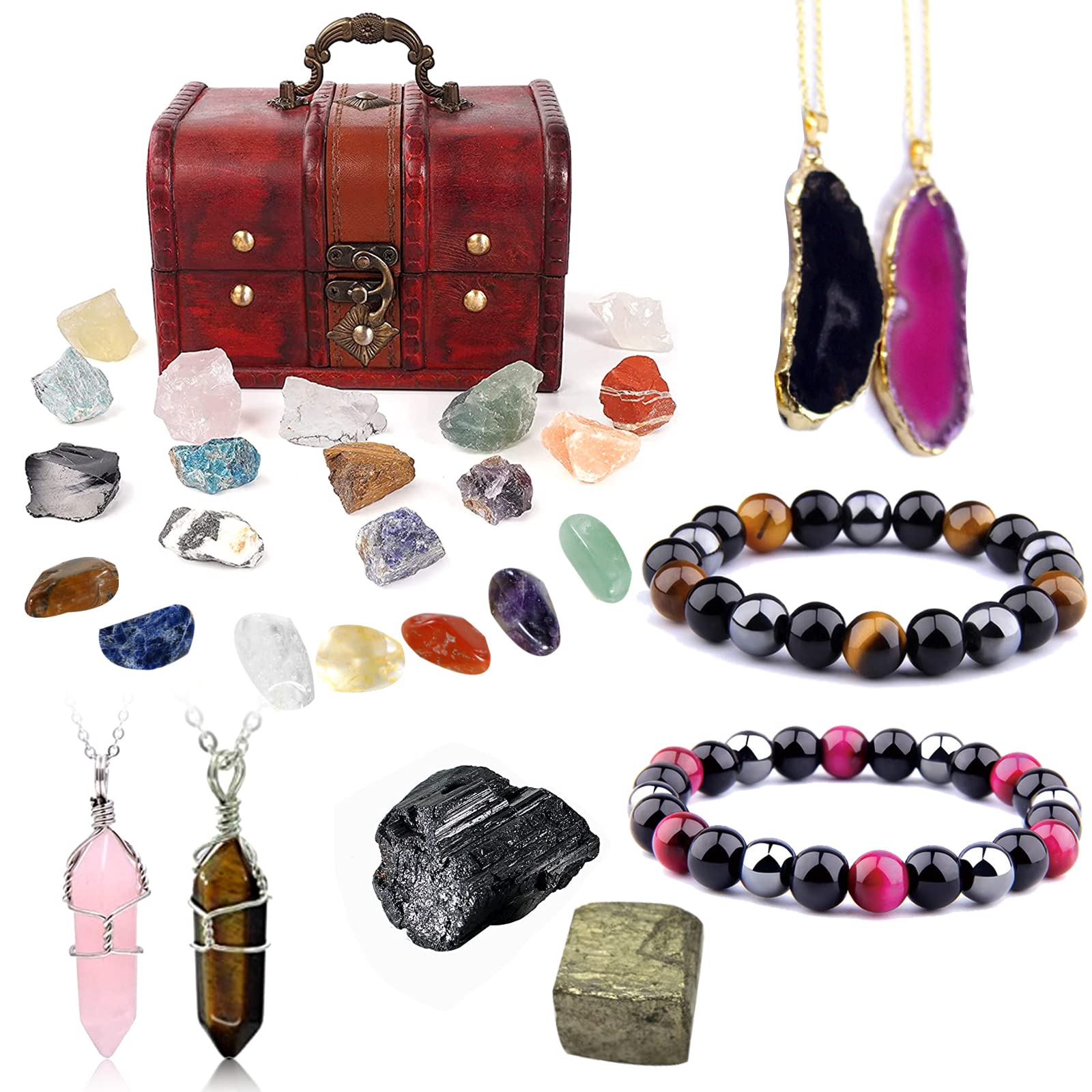 Soulnioi Healing Crystals Set: 14 Raw Stones, 7 Chakra Stones, 2 Bracelets, 2 Crystal Necklaces, 1 Hematite, 1 Black Tourmaline Stone with Wooden Box for Beginners Spiritual Meditation (30 PCS)