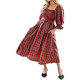Wolddress Womens Casual Dresses Red Tartan Plaid Square Neck Puff Sleeve Knot Waist Flared Midi Dress