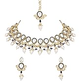 I Jewels Gold Plated Indian Wedding Bollywood Pearl Kundan Studded Floral Necklace With Earring Maang Tikka Set For Women