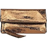 JNB Women's Cracked Metallic Fabric Foldover Clutch with Tassel