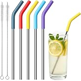 Small Stainless Steel Straws with Silicone Tips, 6'' Reusable Short Straws | Perfect for Wine Tumblers &amp; Coffee Mugs, Eco-Friendly Travel Set with Pouch, 18/8 Stainless Steel - BPA Free