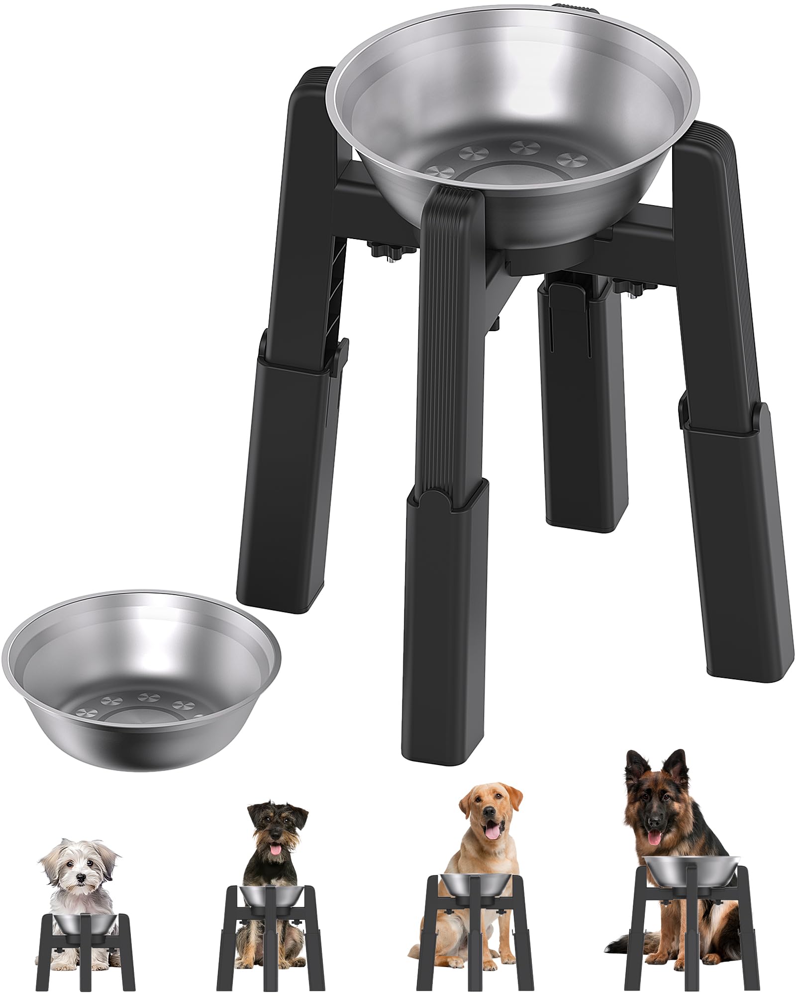 JUNSPOW Raised Dog Bowl Stand with Stainless Steel Bowls, 4 Heights Adjustable Raised Dog Water Bowl for Large Dogs, Stable and Non-Slip Elevated Dog Feeding Station