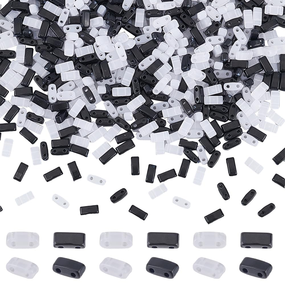 SUNNYCLUE 1 Box 600Pcs 1/2 Tila Beads 2 Hole Rectangle Bead Opaque Acrylic Black White Seed Mini Cute Flat Spacer Loose Carrier Beading Beads for jewellery Making Diy Bracelet Necklace Beginner Adult