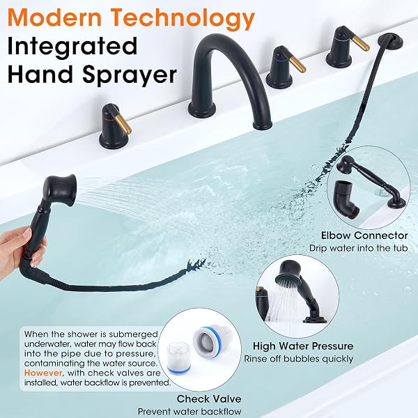 WINTAP BLACK & ROSE GOLD ROMAN BATHTUB FAUCET SET WITH HAND SHOWER & BRASS VALVE 5 HOLE 3 HANDLE WIDESPREAD DECK MOUNT TUB FILLER CLASSIC VINTAGE HIGH ARC GOOSENECK SPOUT TUB FAUCETS