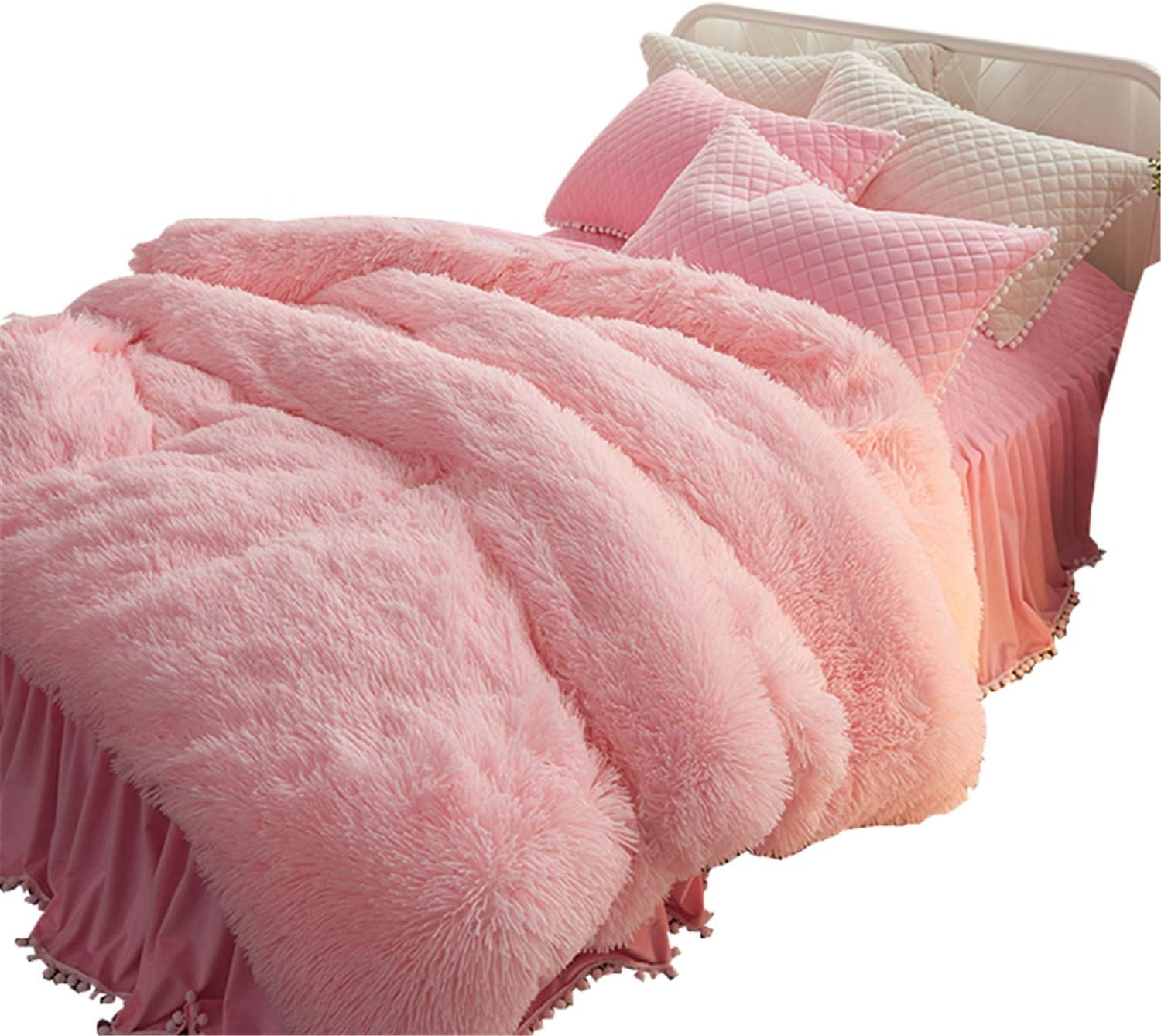 Lotus Karen 4 Piece Shaggy Bedding Set(1Duvet Cover/1Bed Skirt/2Pillowcases)-Super Soft Fuzzy Plush Flannel Bedding-Luxury Faux Fur Warm Fluffy Bed Set