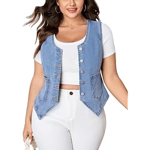 SCOMCHIC Womens Denim Vest Plus Size Sleeveless V Neck Button Down Cropped Waistcoat Jean Top Pockets Cowgirl Outfits