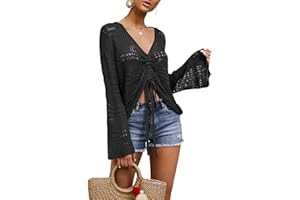 Saodimallsu Womens Boho Off Shoulder Sheer Crop Tops Bell Sleeve Flowy Oversized Crochet Ruched Pullover Sweaters