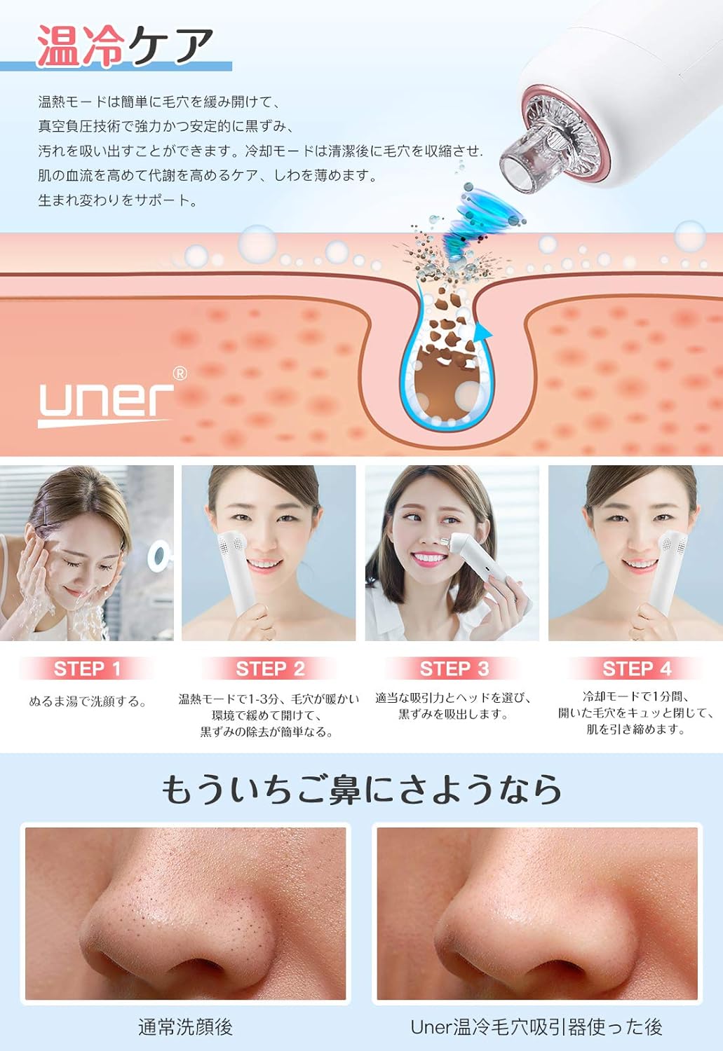 Amazon Uner 毛穴吸引器 3 In 1 毛穴ケア 改良版 温冷ケア いちご鼻 吸引 角栓 ニキビ 吸引器 黒ずみ取り 美顔器 美肌 美容 毛穴の汚れ 毛穴クリーナー 汚れ 角栓 除去 しわ減少 たるみ改善 イチゴ鼻 吸引 フェイスケア 4段階吸引力 5種類吸引ノズル Led
