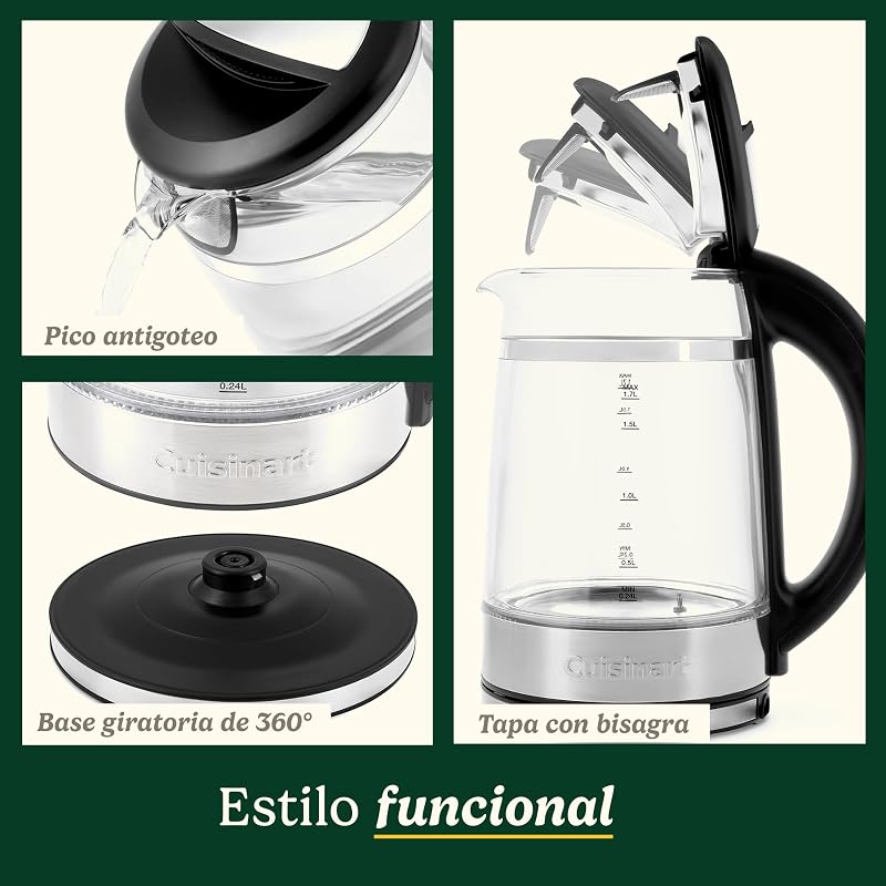 hervidor de vidrio 1,7 L con control de temperatura, hervido rápido 3 kW, exterior frío al tacto, doble pared, sin BPA, pico antigoteo, base 360°, apagado automático y pantalla táctil