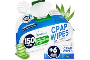 CPAP Mask Wipes - 150 Count Jumbo Pack + 6 Travel Sheets - Dura Cleanse Extra Large, Extra Moist Cleaning Wipes for Full Face, Nasal Masks Unscented Cleaner for CPAP Machine, Supplies and Accessories