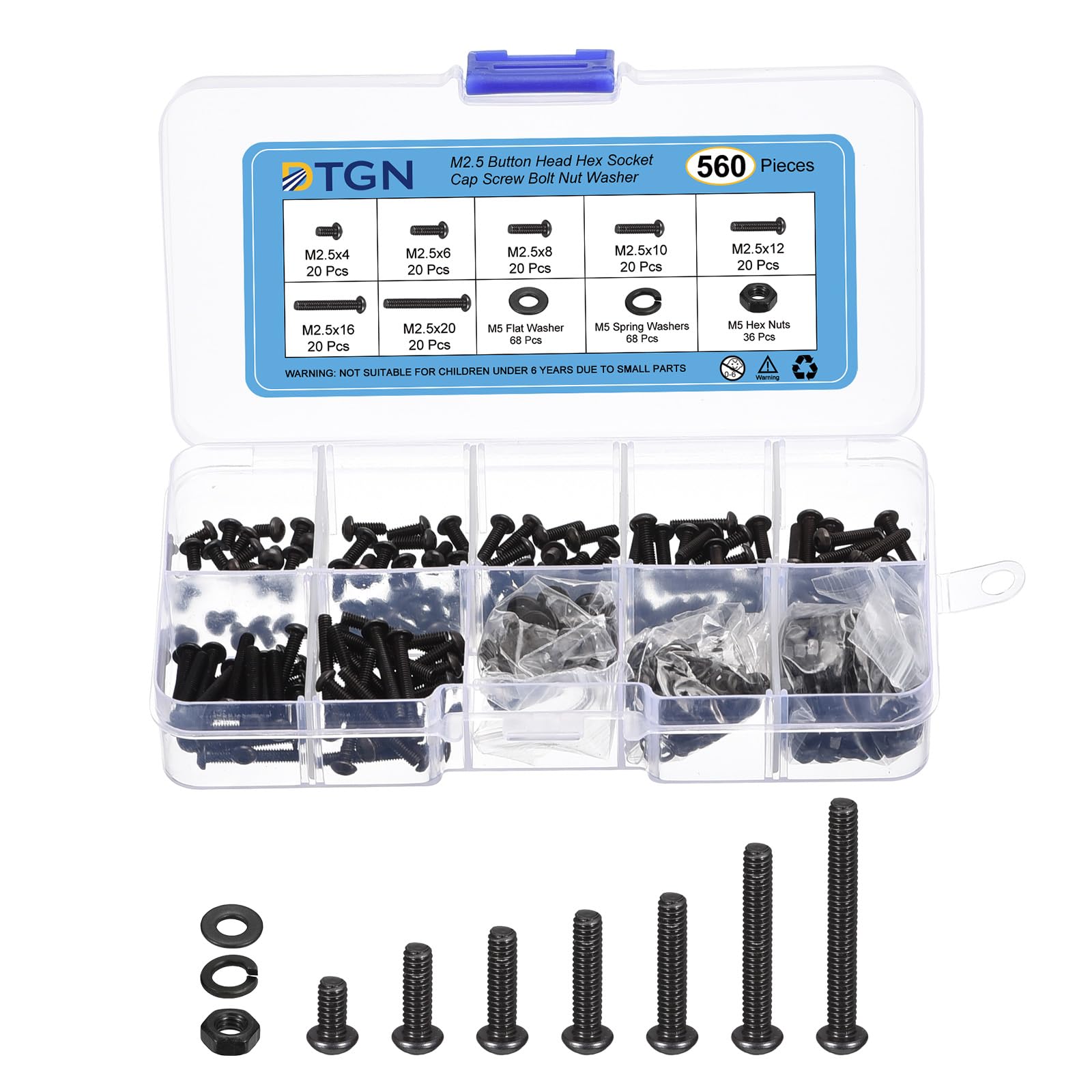DTGN 560Pcs M2.5 Button Head Hex Socket Cap Screw - 4-20mm Bolt Nut Washer Assortment Kit Carbon Steel Black - Good for Machine, Furniture