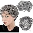 ICRAB 6" Natural Fluffy Human Hair Topper Short Curly Topper Hair Pieces Toupee Clip in Topper Human Hair Wig Grey Wavy Hair Topper Wiglets Hairpieces for Women with Thinning Hair