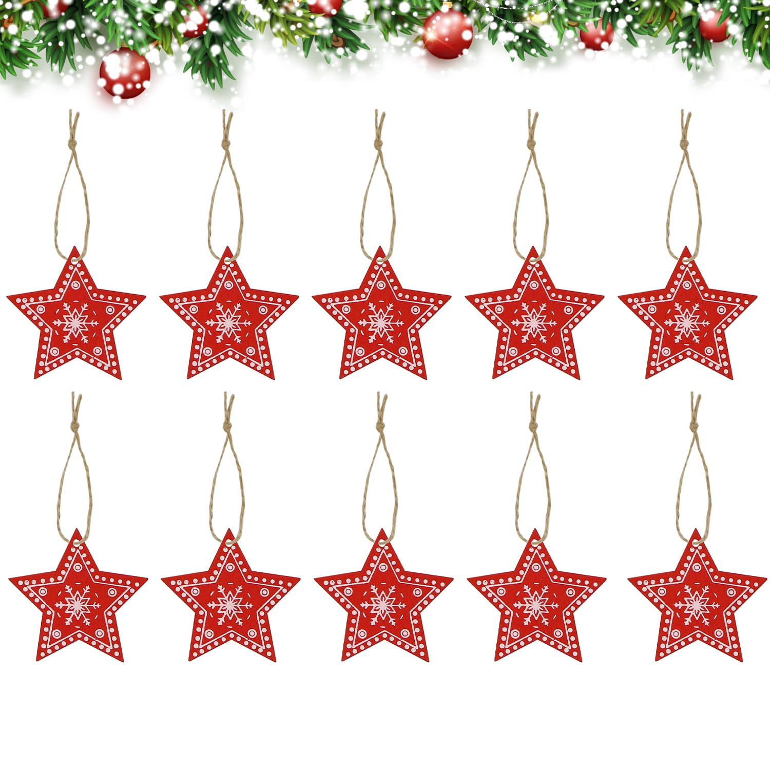 CHEERYMAGIC Wooden Christmas Tree Decoration, Wood Slice Ornaments, Red Star with Rope for Tree Wall Decoration Party Accessories