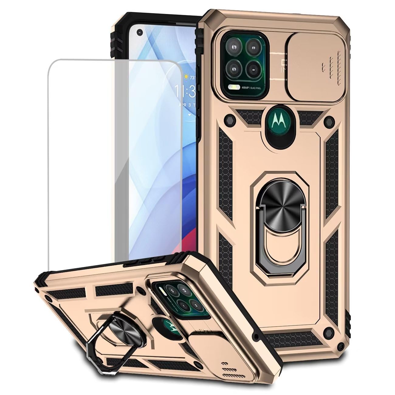 Yodueiv for Moto G Stylus 5G 2021 Case/Motorola G Stylus 5G 2021 XT2131 Case with Tempered Glass Screen Protector and Slide Camera Cover, Car Mount Holder Case for Motorola Moto G Stylus 5G 2021 Gold