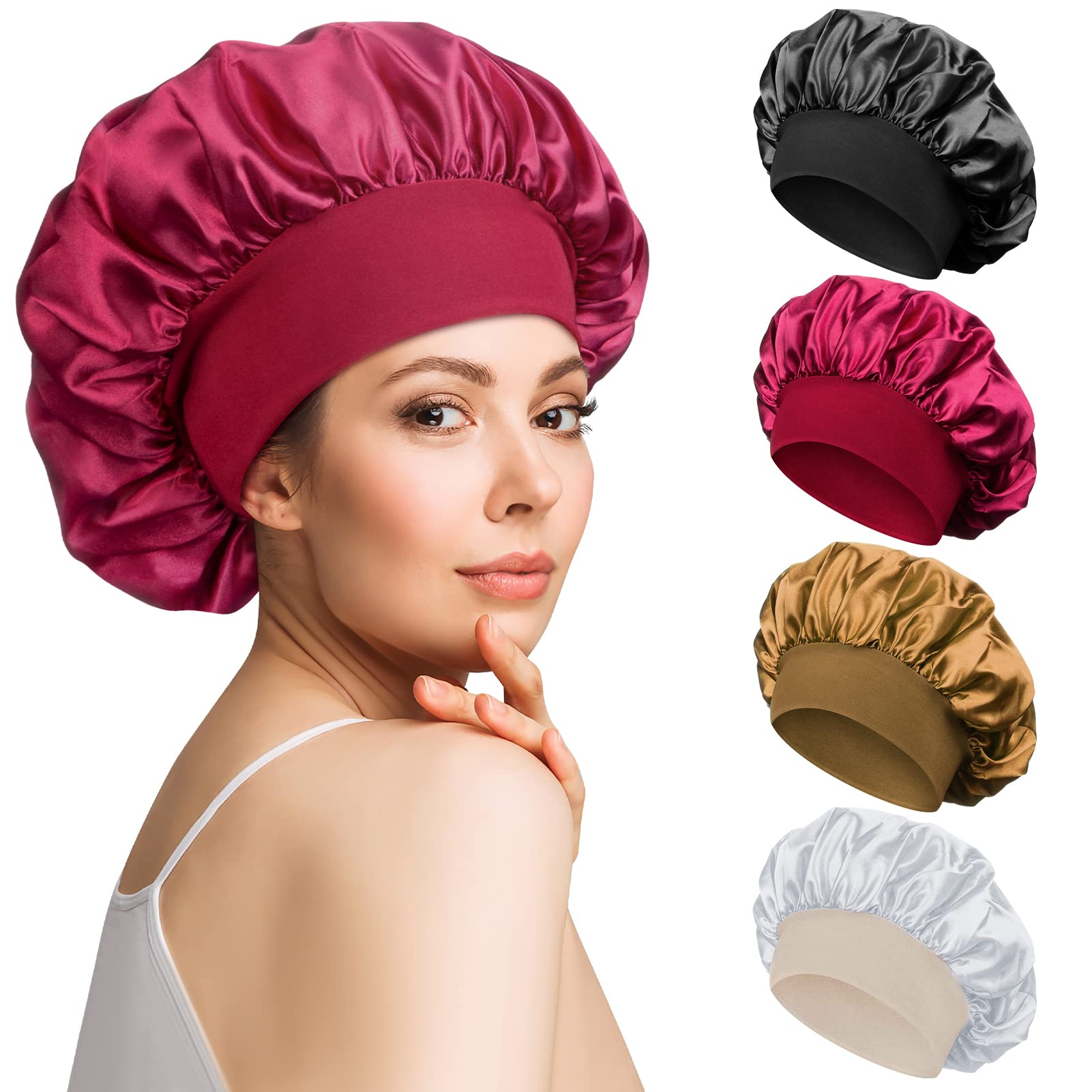 4pcs Satin Bonnet Silk Bonnet for Curly Hair, Hair Bonnet Silk Hair Wrap for Sleeping, Night Sleep Cap for Women (Gold, Silver, Black, Red)