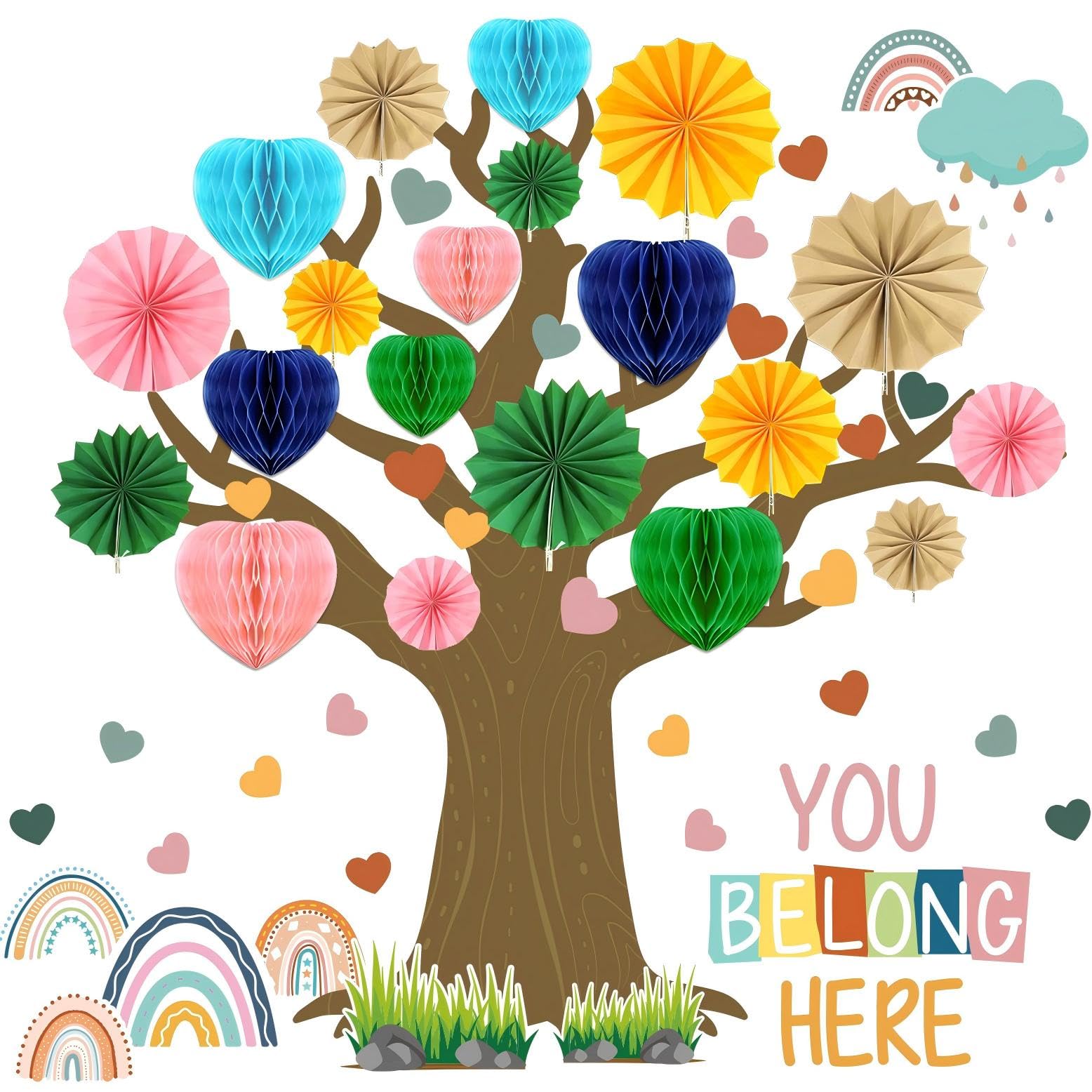 Photo 1 of Classroom Tree Bulletin Board Decor Set 3D Tree Cutout with Rainbow Paper Fans Heart Honeycombs Wall Decorations Welcome Class School Blackboard Ornaments