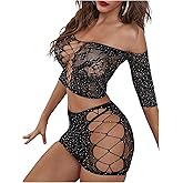 SHENHE Women's Fishnet Lingerie Set Sparkly Rhinestone Sheer Mesh Crop Top Mini Skirt 2 Piece Set